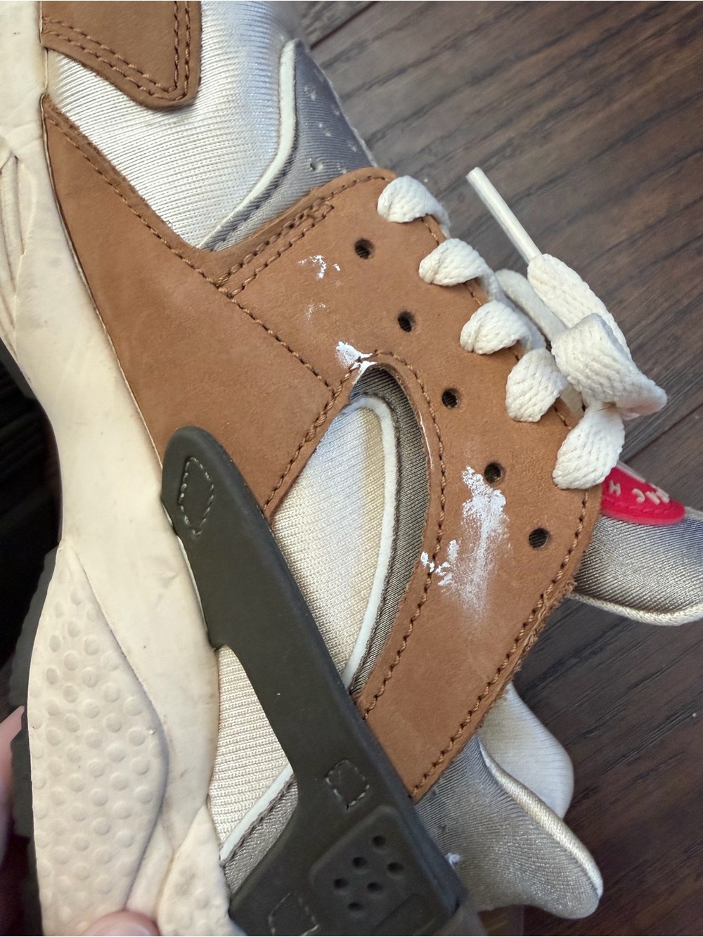 Nike Air Huarache Stussy Sneakers in Tan, Gray, White with Red Logo, Size 6 - Picture 5 of 6